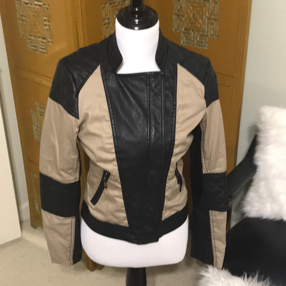 Tan and black moto jacket